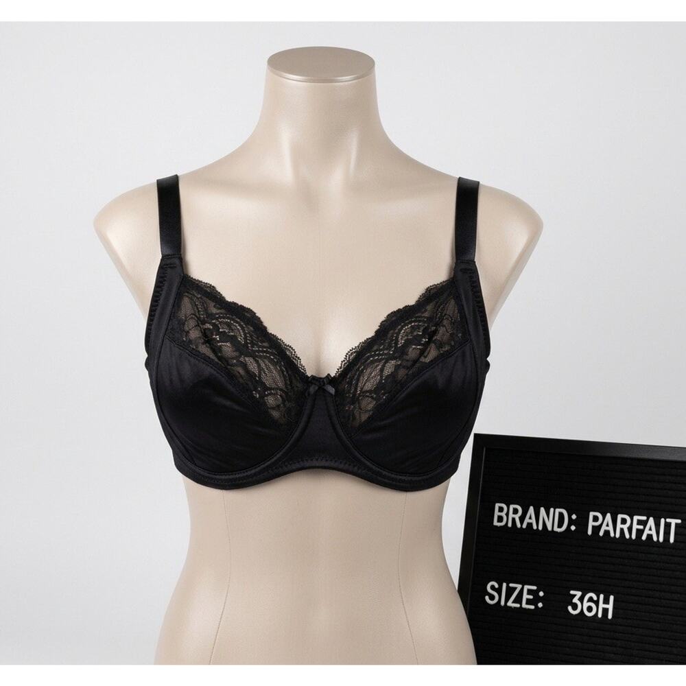 Parfait 36H Bra Black Satin Lace Full Figure Underwire Unlined Unpadded